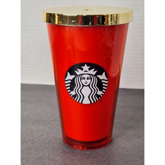 Starbucks Other - Starbucks Red Plastic Travel Tumbler Mug Gold Screw On Cover 16 oz